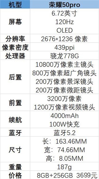 荣耀50pro参数配置